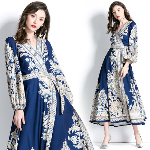 Vibrant & Elegant Women's Wrap V-Neck Long Puff Sleeve Floral Long Modest Maxi Holiday, Party Evening Dress - Blue